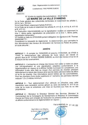 26 AT 0479  Réglementation Du Stationnement Rue Pierre Dubois Le 15 04 2026 Au 31 05 2026 - Publiée Le 07 07 2026