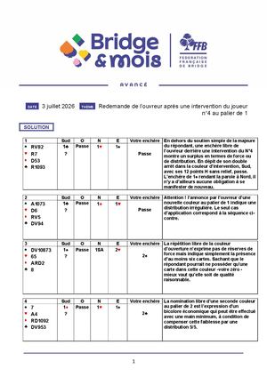 20 Solution Redemande De L’ouvreur Après Une Intervention Du Joueur N°4 Au Palier De 1