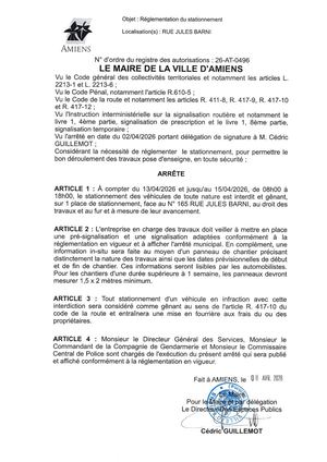 26 AT 0496 Réglementation Du Stationnement Rue Jules Barni Du 13 04 2026 Au 15 04 2026  - Publiée Le 07 07 2026