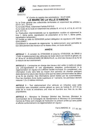 26 AT 0495 Réglementation Du Stationnement Boulevard De Beauville Du 27 04 2026 Au 07 05 2026 - Publiée Le 07 07 2026