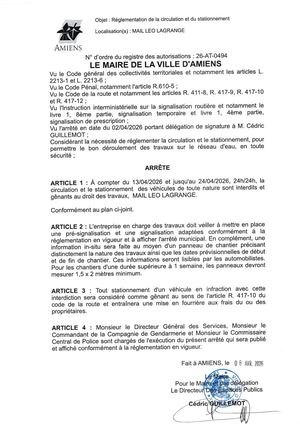 26 AT 0494 Réglementation De La Circulation Et Du Stationnement Mail Leo Lagrange Du 13 04 2026 Au 24 04 2026  - Publiée Le 07 07 2026