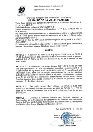 26 AT 0493 Réglementation Du Stationnement Avenue De La Paix Le 16 04 2026 Au 17 04 2026  - Publiée Le 07 07 2026