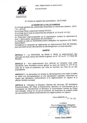 26 AT 0492 Réglementation Du Stationnement Rue De Rouen Le 25 04 2026 - Publiée Le 07 07 2026