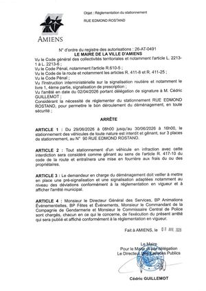 26 AT 0491 Réglementation Du Stationnement Rue Edmond Rostand Le 29 06 2026 - Publiée Le 07 07 2026