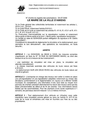 26 AT 0489 Réglementation De La Circulation Et Du Stationnement Rue Du Batonnier Mahui Le 23 04 2026  - Publiée Le 07 07 2026