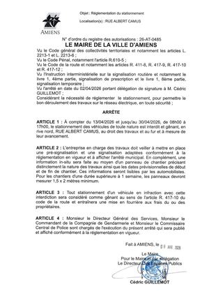 26 AT 0485 Réglementation Du Stationnement Rue Albert Camus Du 13 04 2026 Au 30 04 2026 - Publiée Le 07 07 2026