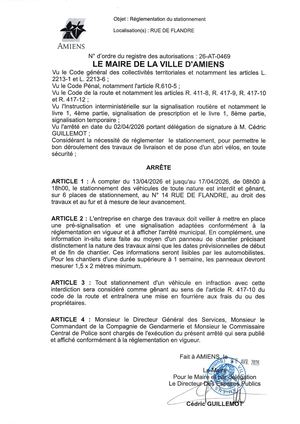 26 AT 0469 Réglementation  Du Stationnement Rue De Flandre Du 13 04 2026 Au 17 04 2026  - Publiée Le 07 07 2026