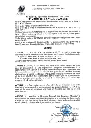 26 AT 0468 Réglementation Du Stationnement Rue Boucher De Perthes Le 20 04 2026  - Publiée Le 07 07 2026