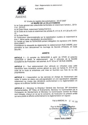 26 AT 0497 Réglementation Du Stationnement Rue Andre Du 09 04 2026 Au 10 04 2026 - Publiée Le 07 07 2026