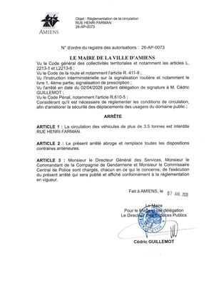 26 AP 0073 Réglementation De La Circulation Rue Henri Farman - Véhicules De + De 3 5 Tonnes  - Publiée Le 07 07 2026