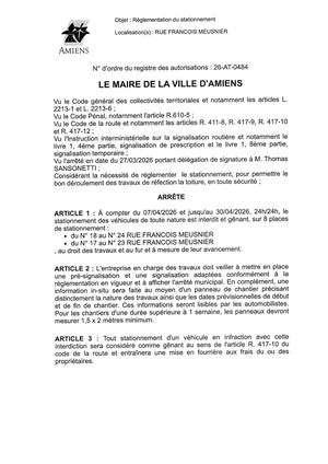 26 AT 0484 Réglementation Du Stationnement Rue François Meusnier Du 07 04 2026 Au 30 04 2026  - Publiée Le 07 07 2026