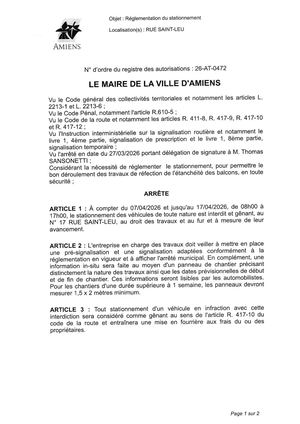 26 AT 0472 Réglementation Du Stationnement Rue Saint Leu Du 07 04 2026 Au 17 04 2026  - Publiée Le 07 07 2026