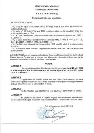 Arrêté Chemin Des Abreuvoirs Juillet 2026