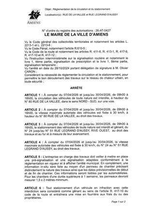 26 AT 0427  Réglementation Circulation Et Stationnement Rue De La Vallee Et Rue Legrand D Aussy Du 07 04 26 Au 30 04 26 Publié Le 07 07 26