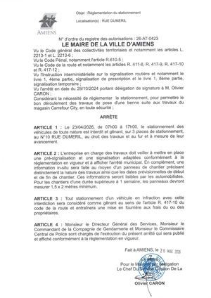 26 AT 0423  Réglementation Stationnement Rue Dumeril Le 23 04 26 Publié Le 07 07 26