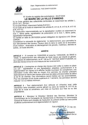 26 AT 0434  Réglementation Stationnement Rue Saint Fuscien Du 13 04 26 Au 13 05 26 Publié Le 07 07 26