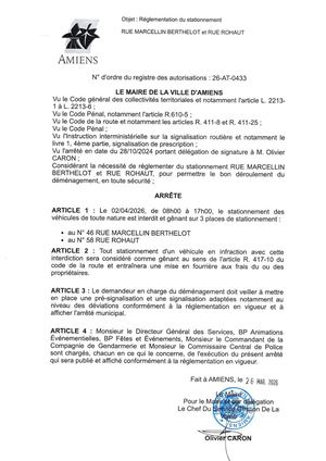 26 AT 0433  Réglementation  Stationnement Rue Marcelin Berthelot Et Rue Rohau Le 02 04 26 Publié Le 07 07 26
