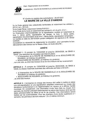 26 AT 0431  Réglementation Circulation  Route De Raineville Du 13 04 26 Au 26 04 26 Publié Le 07 07 26