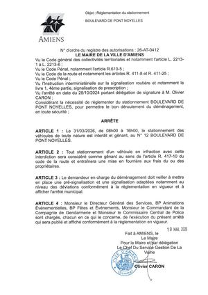 26 AT 0412  Réglementation Stationnement Boulevard Pont Noyelles Le 31 03 26 Publié Le 07 07 26