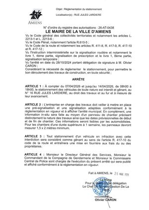 26 AT 0438  Réglementation Stationnement Rue Jules Lardiere Du 07 04 26 Au 14 04 26 Publié Le 07 07 26