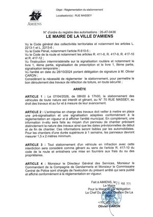 26 AT 0436  Réglementation  Stationnement Rue Massey Le 07 04 26 Publié Le 07 07 26