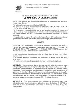 26 AT 0444  Réglementation Circulation Et Stationnement Avenue De L Europe Du 13 04 26 Au 24 04 26 Publié Le 07 0726