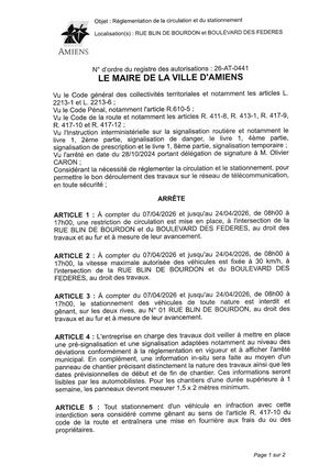 26 AT 0441  Réglementation Circulation Et Stationnement Rue Blin De Bourdon Du 07 04 26 Au 24 04 26 Publié Le 07 07 26