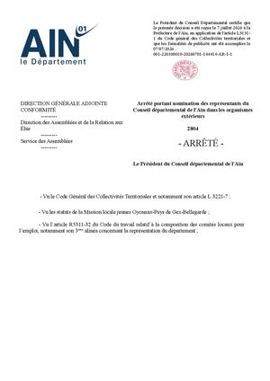 Arrêté Portant Nomination Des Représentants Du Conseil Départemental De L'Ain Dans Les Organismes Extérieurs 07 2026