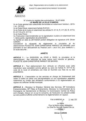 26 AT 0458  Réglementation Circulation Et Stationnement Placette Jean Christophe Parisot De Bayard Le 20 05 26 Publié Le 07 07 26