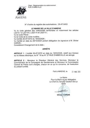 26 AT 0453  Réglementation Stationnement Rue D Abbeville Du 19 03 26 Abrogé Publié Le 07 07 26