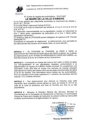 26 AT 0467  Réglementation Stationnement Rue Du Professeur Christian Cabrol Du 07 04 26 Au 17 04 26 Publié Le 07 07 26
