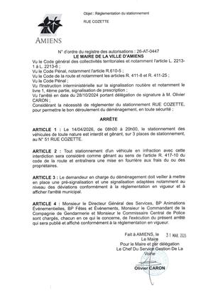 26 AT 0447  Réglementation  Stationnement 51 Rue Cozette Le 14 04 26 Publié Le 07 07 26