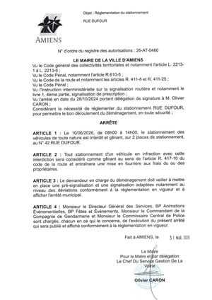 26 AT 0460  Réglementation Stationnement Rue Dufour Le 10 06 26 Publié 07 07 26