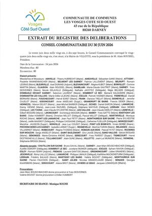 Délibérations Conseil Communautaire 30 Juin 2026