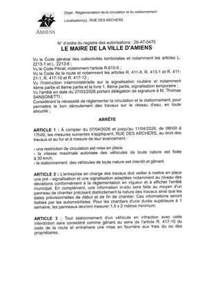 26 AT 0475  Réglementation Circulation Et Stationnement Rue Des Archers Du 07 04 26 Au 11 04 26 Publié Le 07 07 26