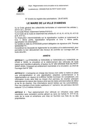 26 AT 0476  Réglementation Circulation Et Stationnement  289 Grande Rue Du Eptit Saint Jean Le 07 04 10 04 13 04 14 04 Publié Le 07 07 26