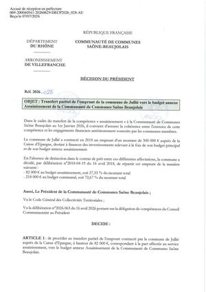 DEC2026 028 TPN Transfert Partiel De L'emprunt Jullié Vers Bdget Annexe Assainissement CCSB