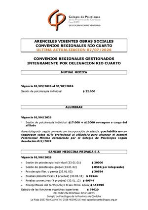 Aranceles Convenios Regionales Rio Cuarto 2026 Actualizados Julio 3