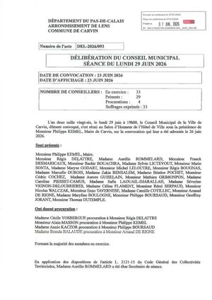 LIASSE DES DÉLIBÉRATIONS CONSEIL MUNICIPAL LUNDI 29 JUIN 2026