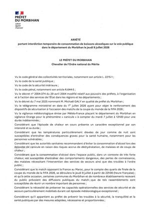 AP Du 7 Juillet 2026 - Interdiction Consommation D'alcool Sur VP Pour Le Jeudi 9 Juillet 2026