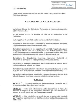 AR1 2026 01002 - Arrêté D'interdiction D'accès Et D'occupation - 41 Grande Rue Du Petit Saint Jean- Publiée Le 08 07 2026