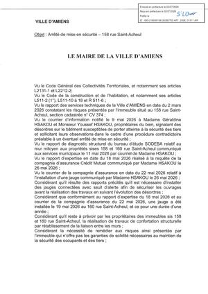 AR1 2026 01011 ARR PROCEDURE ADMINISTRATIVE VIA AR1 2026 01011 ARRETE DE MISE EN SECURITE 158 RUE SAINT ACHEUL A AMIENS -20260702 Publiée Le 08 07 2026