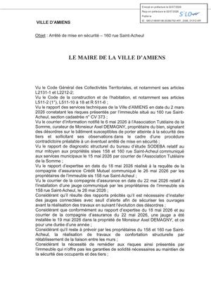 AR1 2026 01012 ARR PROCEDURE ADMINISTRATIVE VIA AR1 2026 01012_ ARRETE DE MISE EN SECURITE 160 RUE SAINT ACHEUL A AMIENS 20260702 Publiée Le 08 07 2026