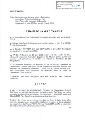 AR1 2026 01013 - ARR AUTORISATION SONO ASS COLLECTIF SALS APERO PARC ST PIERRE 110726 AU 290826 VIA AR1 2026 01013 20260702 Publiée Le 08 07 2026