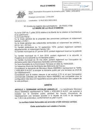AR1 2026 01019 26 PSOC 1758 12 RUE DES ORFEVRES OCCUPATION DU DOMAINE PUBLICSARL L'ATELIER D'ALEX L'ATELIER Publiée Le 08 07 2026