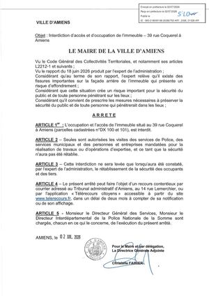 AR1 2026 01026 ARR PROCEDURE ADMINISTRATIVE VIA ARRETE INTERDICTION D ACCES ET D OCCUPATION DE L IMMEUBLE 39 RUE COQUER AR1 2026 01026 20260702 Publiée Le 08 07 2026