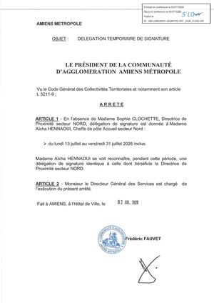 AR1 2026 01035 A HENNAOUI Absence CLOCHETTE Sophie CA Juillet 2026 Délégation Temporaire De Signature- MET20260702 Publiée Le 08 07 2026