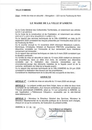 AR1 2026 01039 ARR PROCEDURE ADMI VIA AR1 2026 01039 20260703- ARRETE DE MISE EN SECURITE ABROGATION 223 RUE DU FAUBOURG DE HEM A AMIENS -Publiée Le 08 07 2026