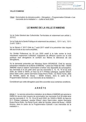 AR1 2026 01067 ARR AUTORISATION SONO VIA AR1 2026 01067 20260707- SONO DOMAINE PUBLICS LES MERCREDIS DE LA MEDIATION - JUILLET ET AOUT 2026 Publiée Le 08 07 2026