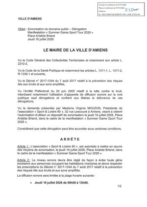 AR1 2026 01070 ARR AUTORISATION SONO VIA AR1 2026 01070 20260707- SONO DOMAINE PUBLIC SUMMER GAME SPORT TOUR 2026 PLACE ARISTIDE BRIAND 26072026 Publiée Le 08 07 2026